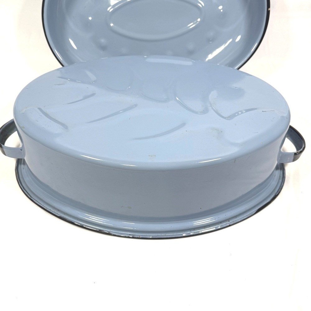Vintage Enamelware Oval Roasting Pan with Lid Blue Farmhouse Large 16.5in Roastr - Picture 11 of 14
